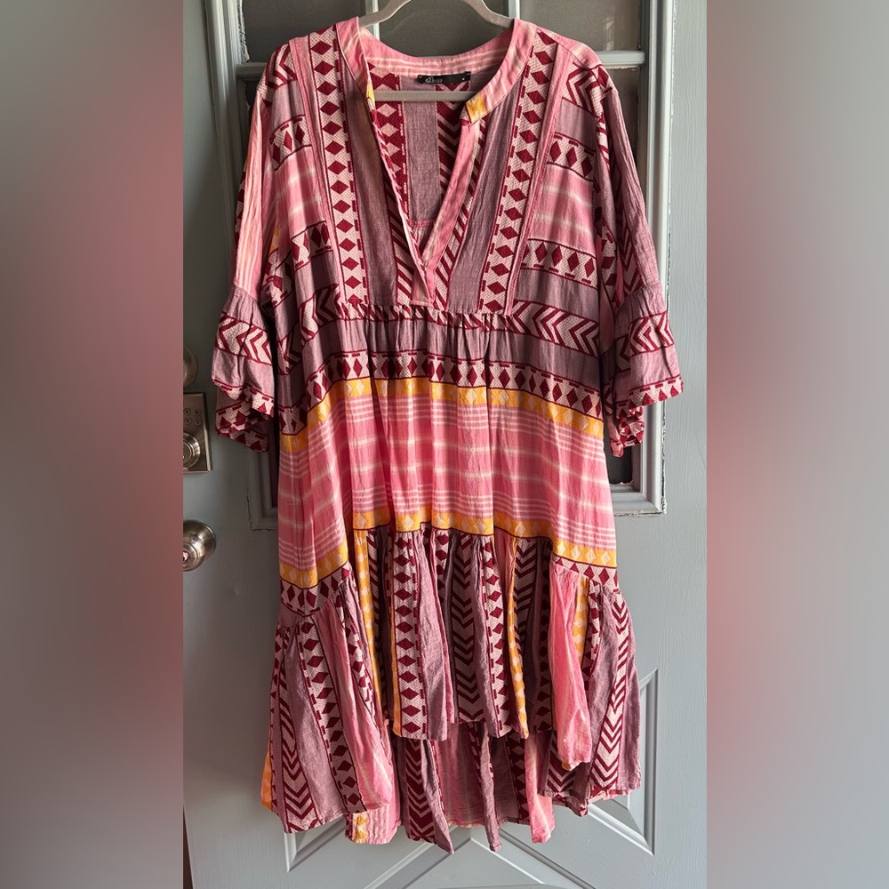 Devotion TWINS Oversized Boho Zakar Short Mid Length Bell Sleeved Cotton Dress M